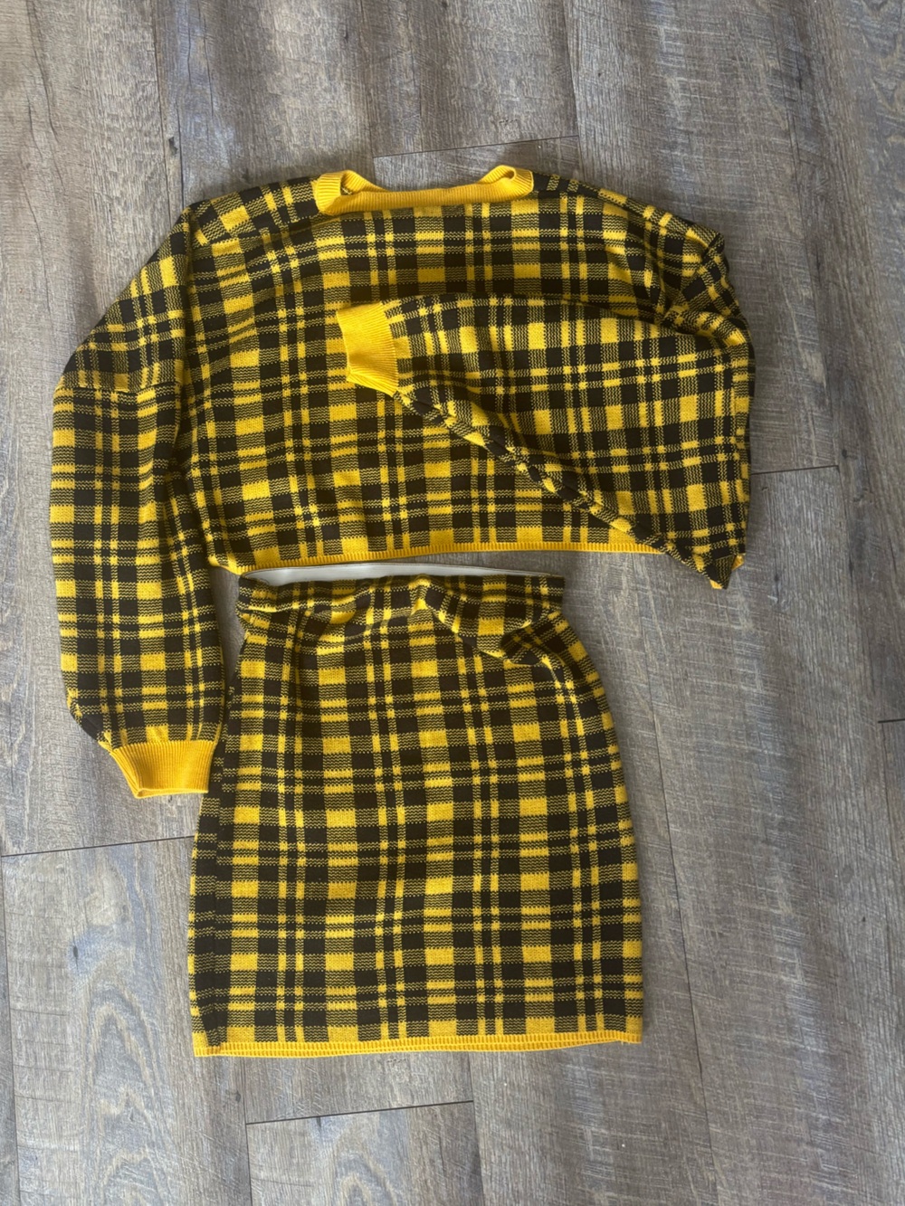 Yellow & Black Plaid Knit Skirt and Sweater Set